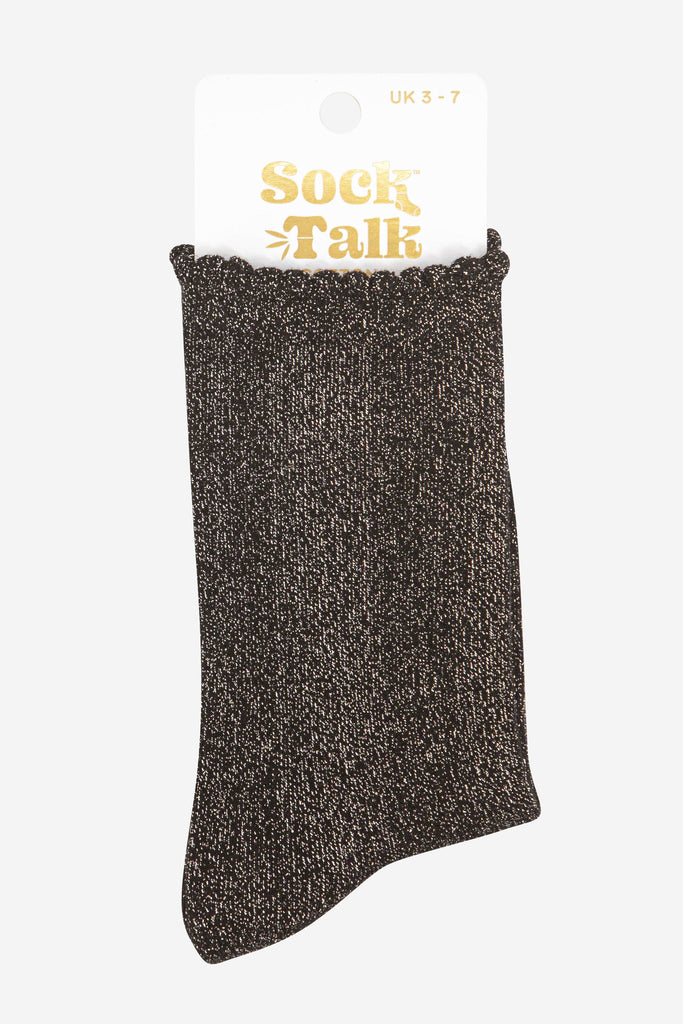 black and gold sparkly glitter socks in their sock talk packaging, the socks are a uk size 3-7