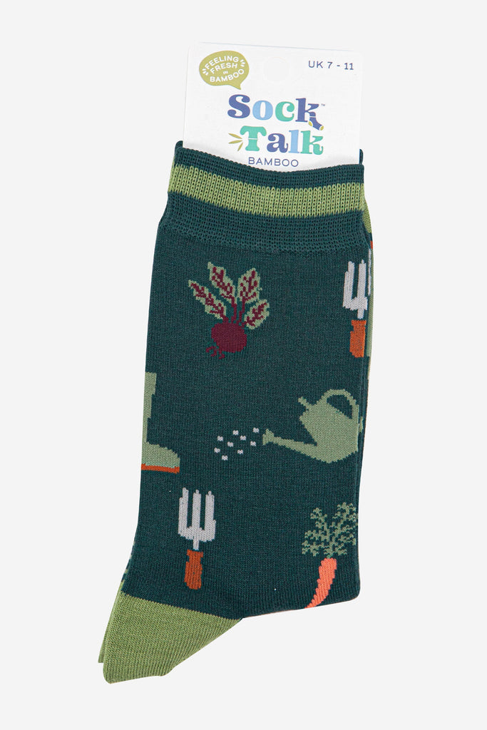 mens-bamboo-socks-forest-green-green-gardening-in-sock-talk-packaing