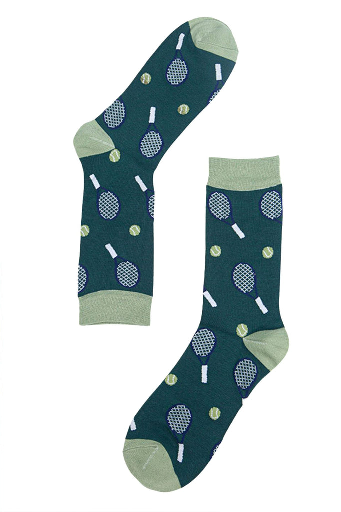 showing the tennis socks with all over pattern of tennis racquets