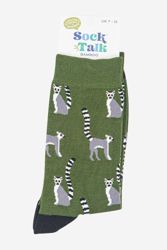 mens-bamboo-socks-dark-green-black-lemur-in-sock-talk-packaging