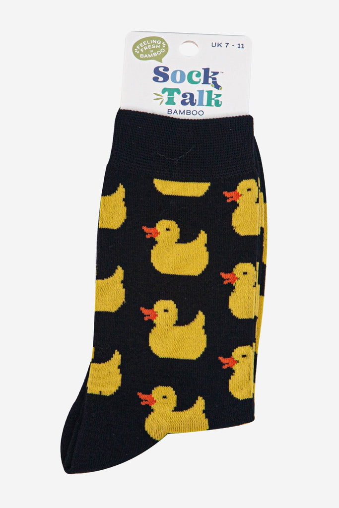 mens-bamboo-socks-black-rubber-ducks-in-sock-talk-packaging