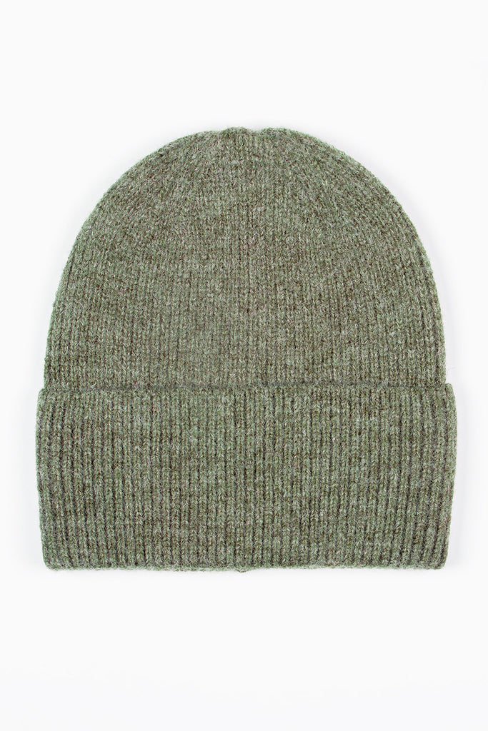 plain khaki green knitted beanie hat with a foldable brim