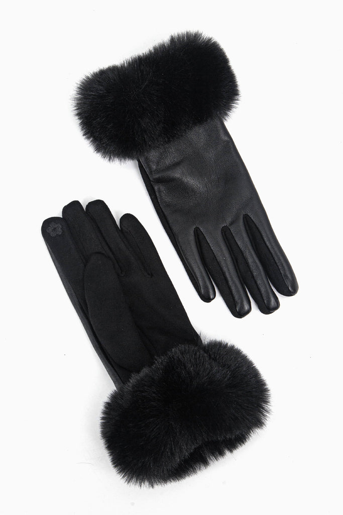 showing the palm and the back of the gloves, the inner index finger has an embroidered flower on the finger tip, this is to allow the wearer to use a touch screen device when wearing the gloves.