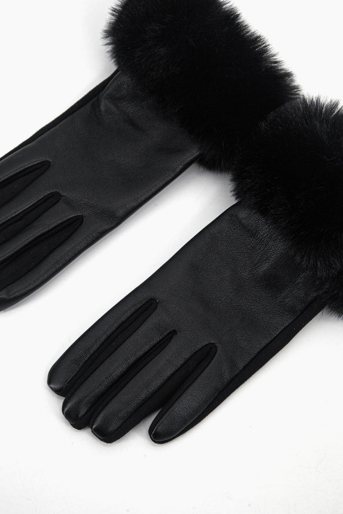 vegan leather black winter gloves with faux fur trim cuffs