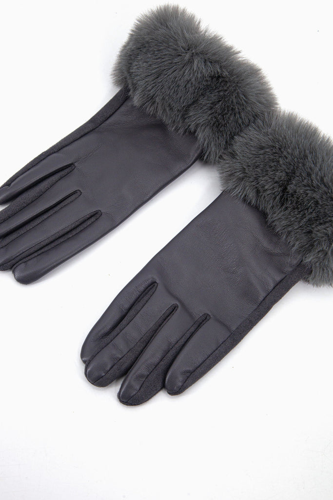 dark grey vegan leather winter gloves with faux fur trim cuffs