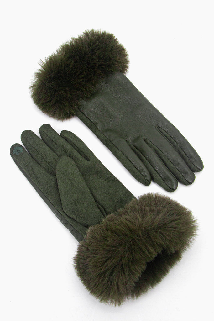 showing the palm and the back of the gloves, the inner index finger has an embroidered flower on the finger tip, this is to allow the wearer to use a touch screen device when wearing the gloves.