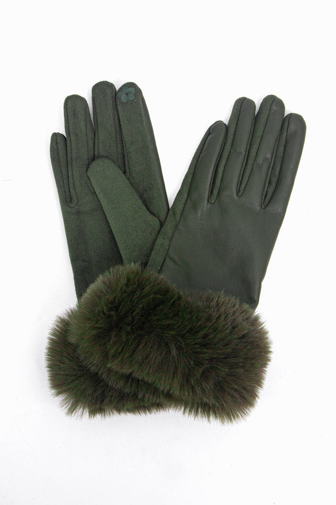 a close up of the faux leather winter gloves showing up close the faux fur trim around the wrists.