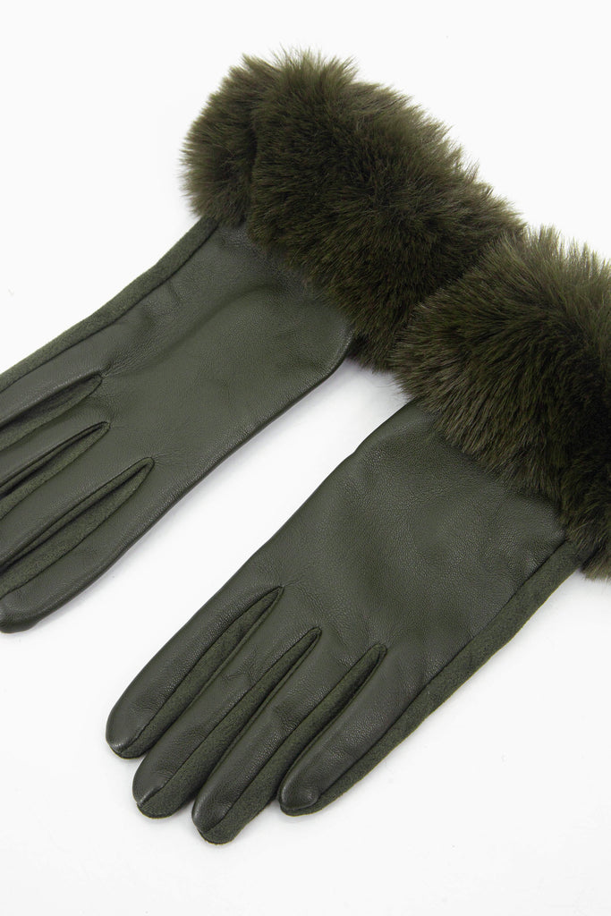 khaki green vegan leather winter gloves with faux fur trim cuffs