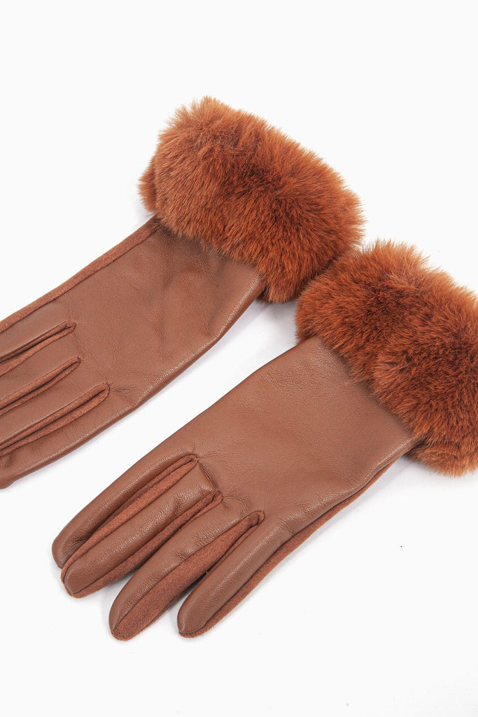 tan brown vegan leather winter gloves with faux fur trim cuffs