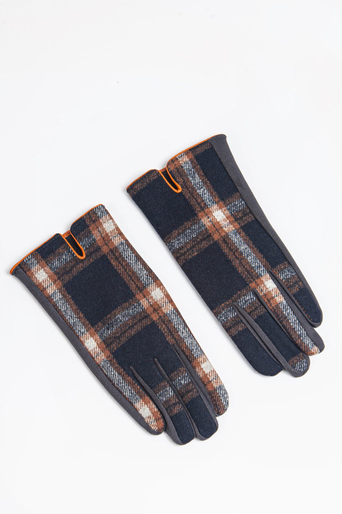 scottish-tartan-touchscreen-winter-gloves-black-orange-back-orange-pu-trim-plaid-pattern