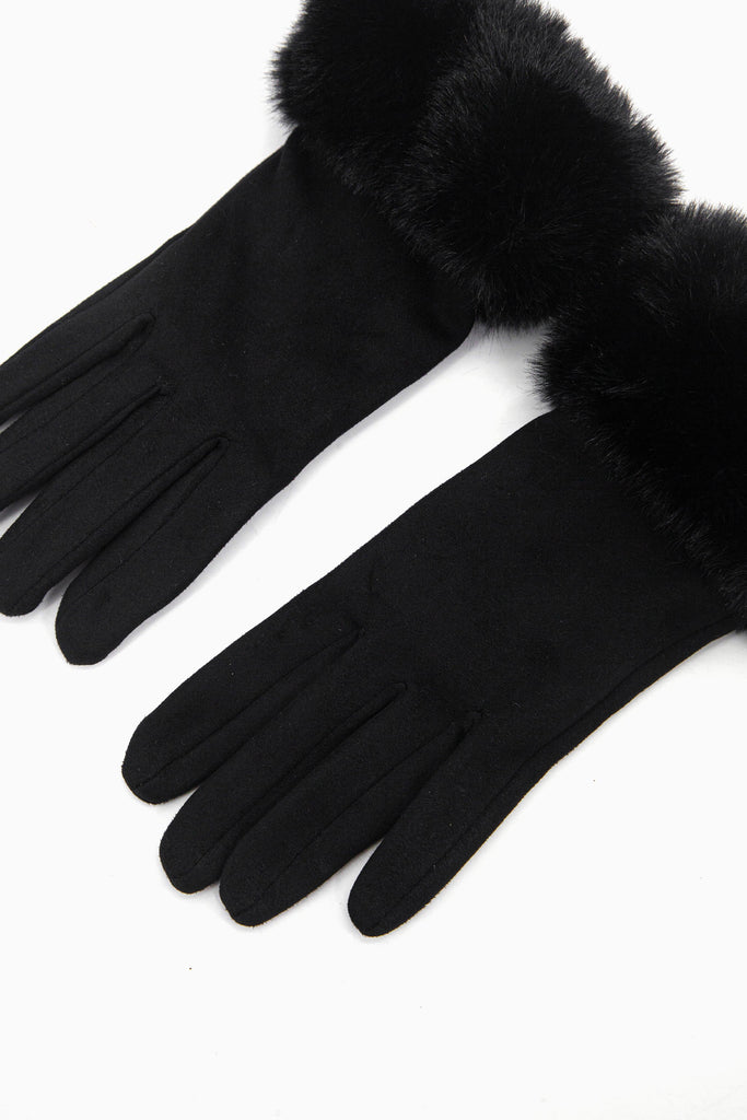 black velvet textured winter gloves with faux fur trim cuffs