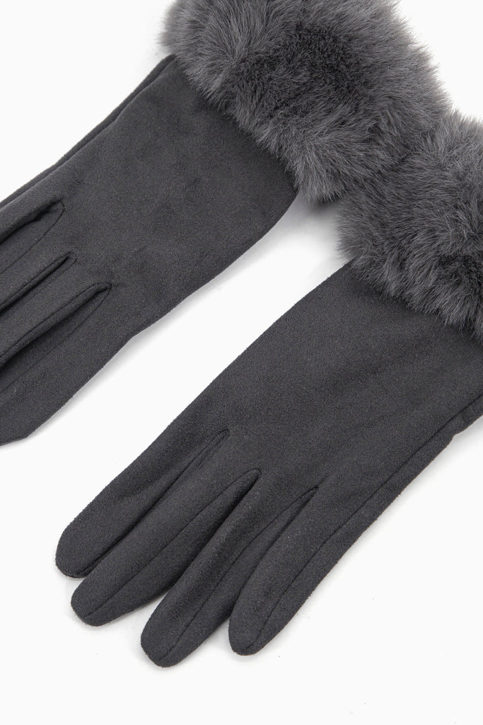 dark grey velvet textured winter gloves with faux fur trim cuffs