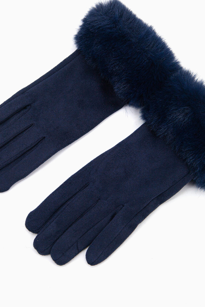 navy blue velvet textured winter gloves with faux fur trim cuffs