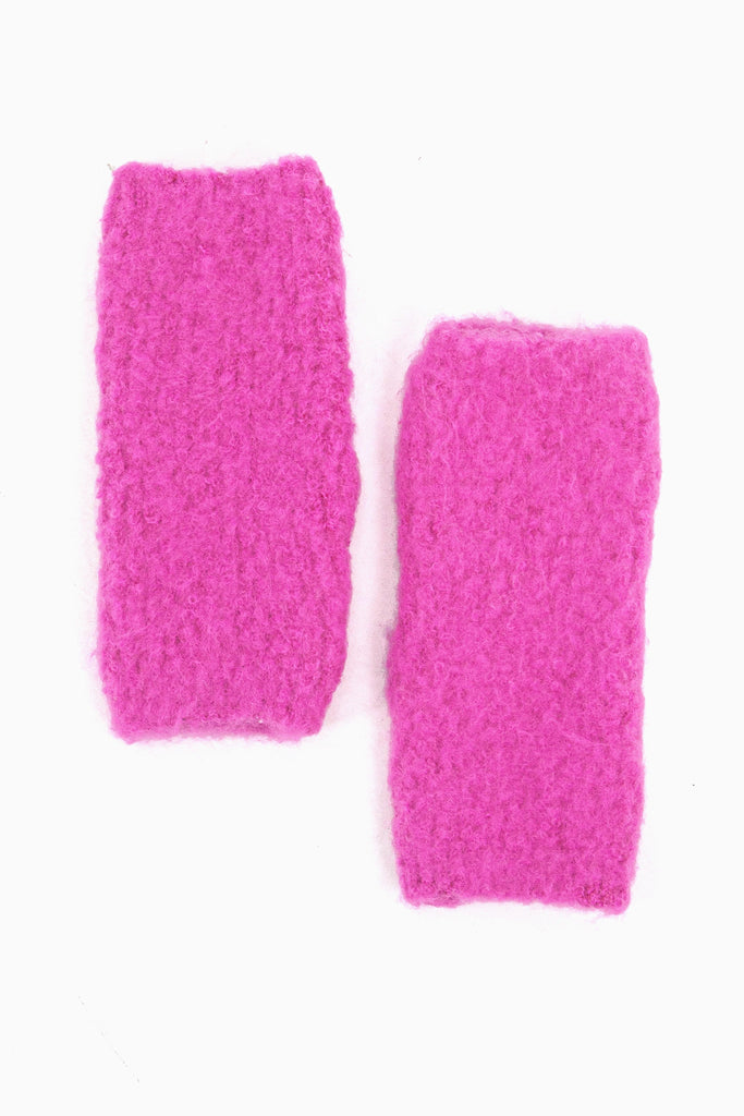 hot pink coloured knitted wrist warmers.