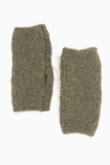 khaki green coloured knitted wrist warmers.