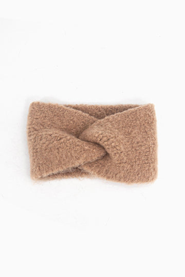 plain neutral camel knitted headband with a twist front