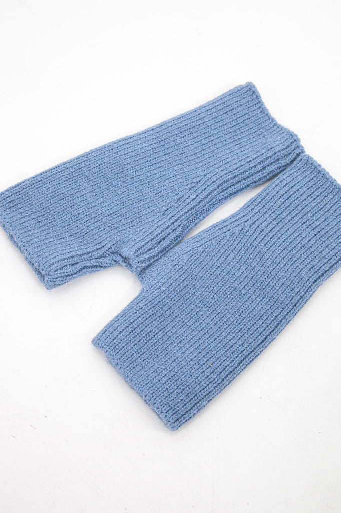 dusty blue knitted wrist warmer gloves with thumb holes