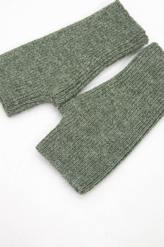 khaki green knitted wrist warmer gloves with thumb holes