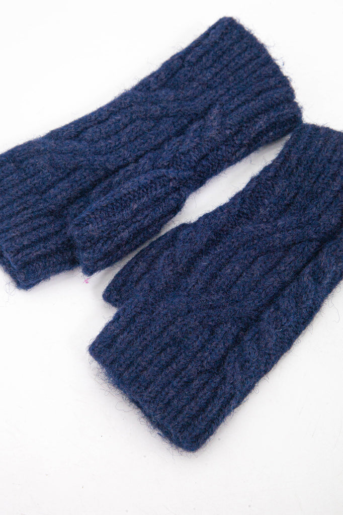 navy blue cable knit wrist warmers with thumb holes