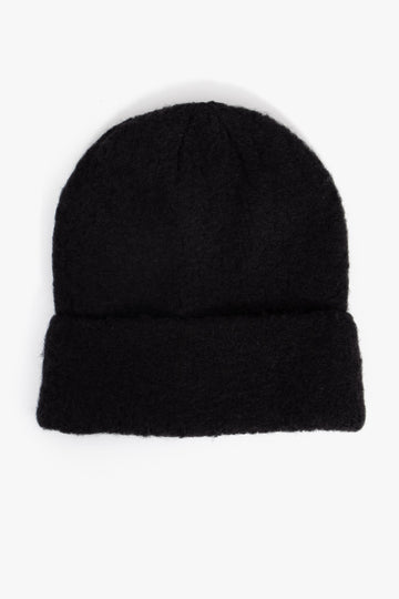 black textured knitted beanie hat with a foldable brim