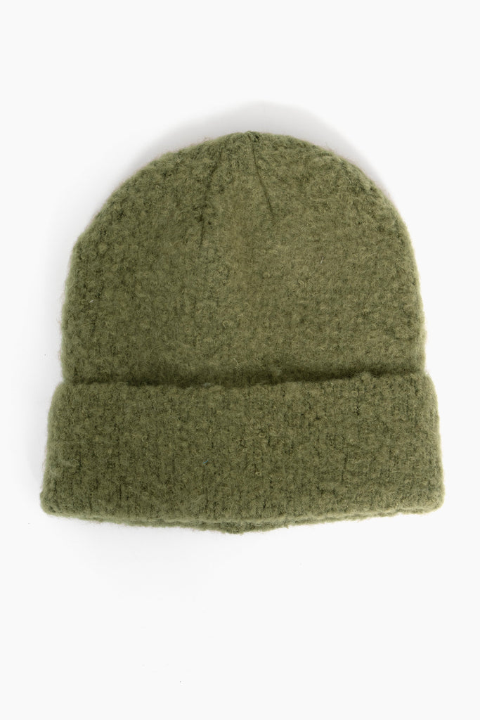 khaki green textured knitted beanie hat with a foldable brim