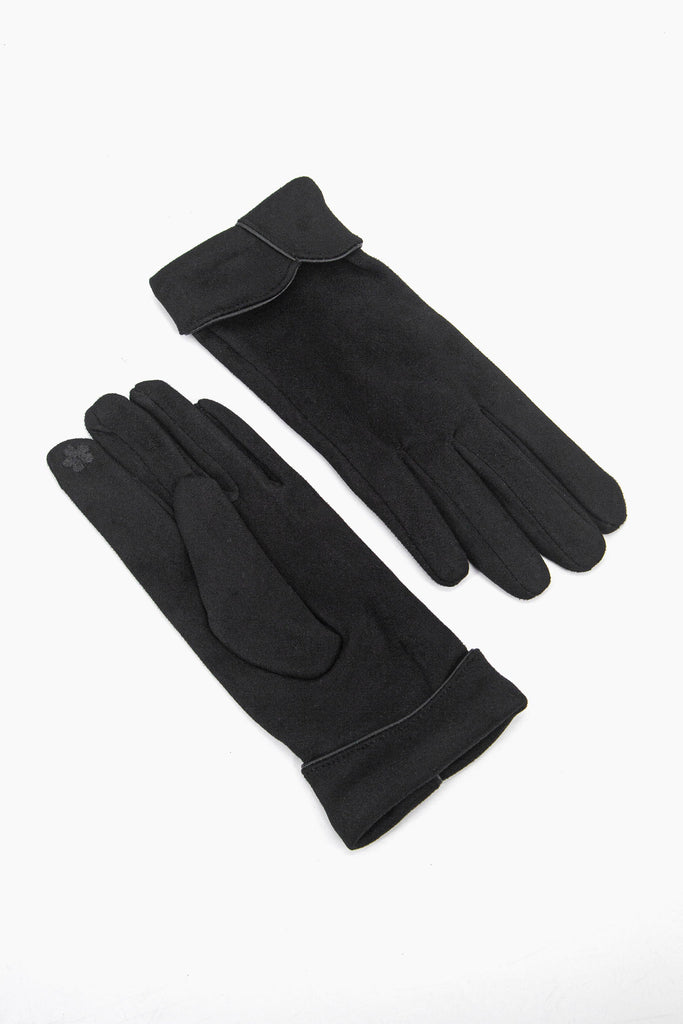 showing the palm and the back of the gloves, the inner index finger has an embroidered flower on the finger tip, this is to allow the wearer to use a touch screen device when wearing the gloves.