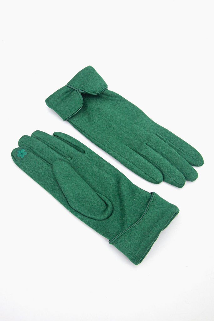 showing the palm and the back of the gloves, the inner index finger has an embroidered flower on the finger tip, this is to allow the wearer to use a touch screen device when wearing the gloves.