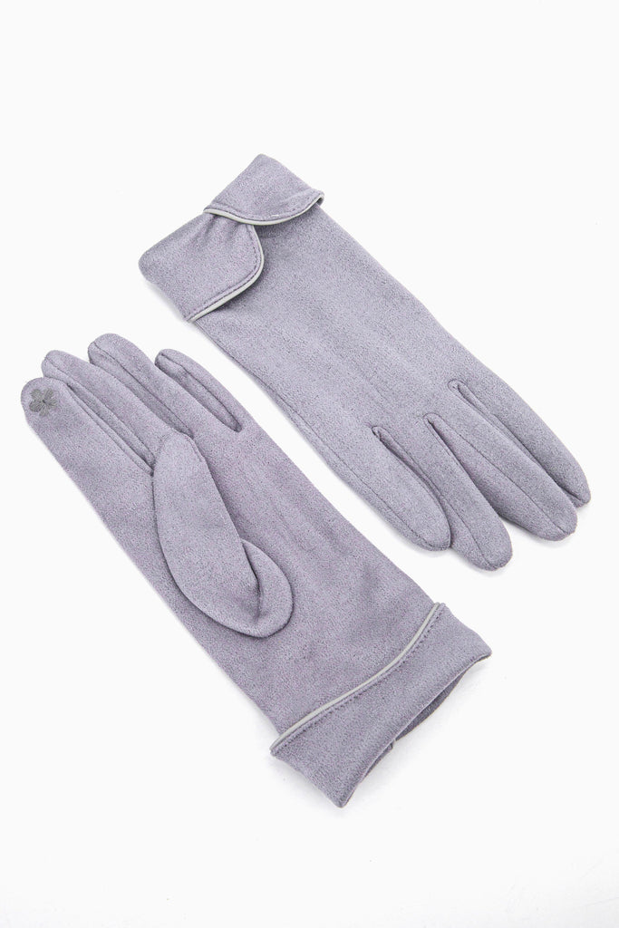 showing the palm and the back of the gloves, the inner index finger has an embroidered flower on the finger tip, this is to allow the wearer to use a touch screen device when wearing the gloves.