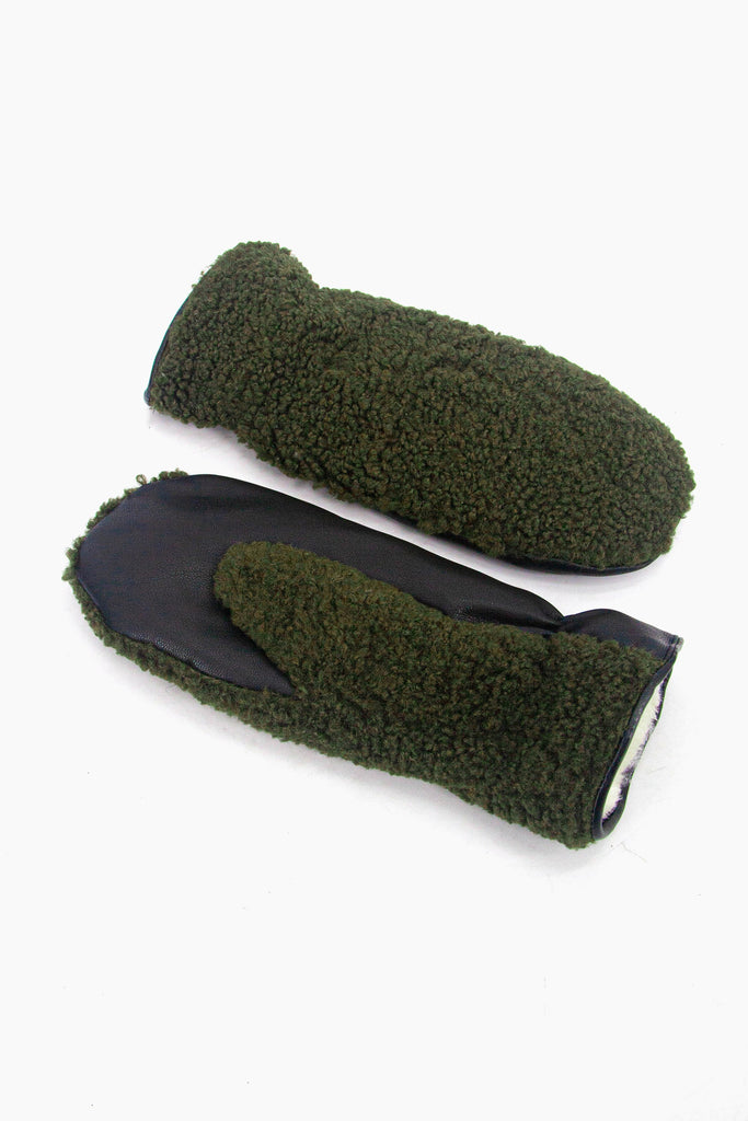 showing the fleece mittens laying flat, one is palm up the other palm down. the khaki green fleece is only on the back of the glove, the palm is black and made from polyester.