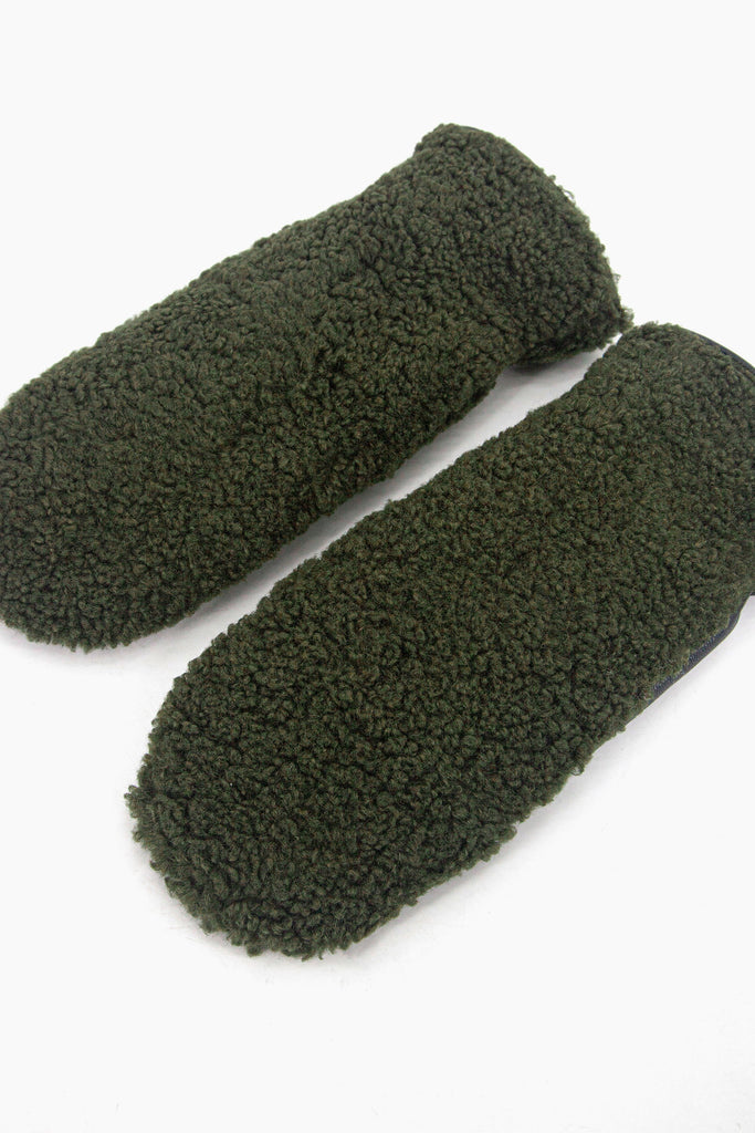 showing the mitts laying flat, the khaki green borg fleece is shown to cover the entire back of the gloves.