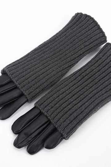 black PU faux leather gloves with long grey ribbed cuffs, the cuffs can be worn folded down or turned up