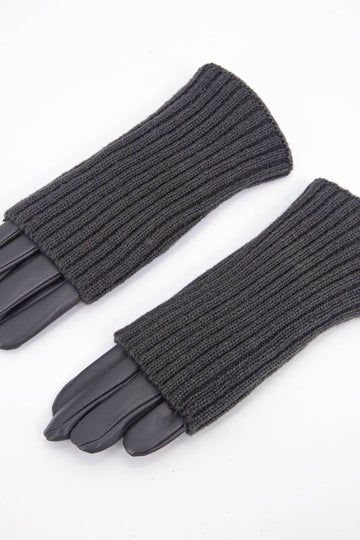 grey PU faux leather gloves with long grey ribbed cuffs, the cuffs can be worn folded down or turned up