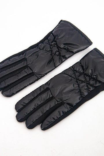 metallic black winter gloves with stitching on the back