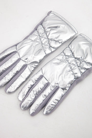 metallic silver winter gloves with stitching on the back