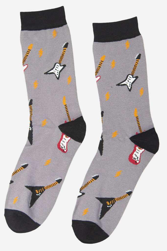 grey dress socks with an electic guitar pattern