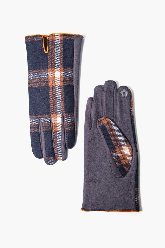scottish-tartan-touchscreen-winter-gloves-black-orange-showing-embroidered-index-finger-touch-screen-friendly