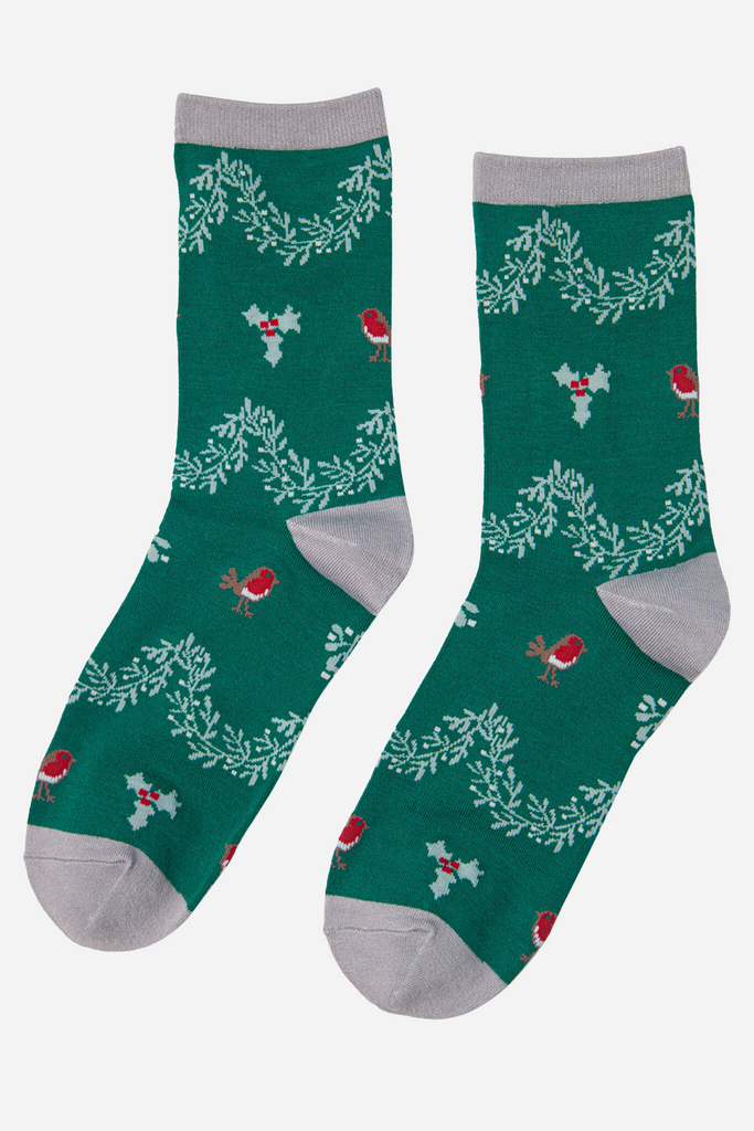 green bamboo socks with red robins and holly, grey heel, toe and trim