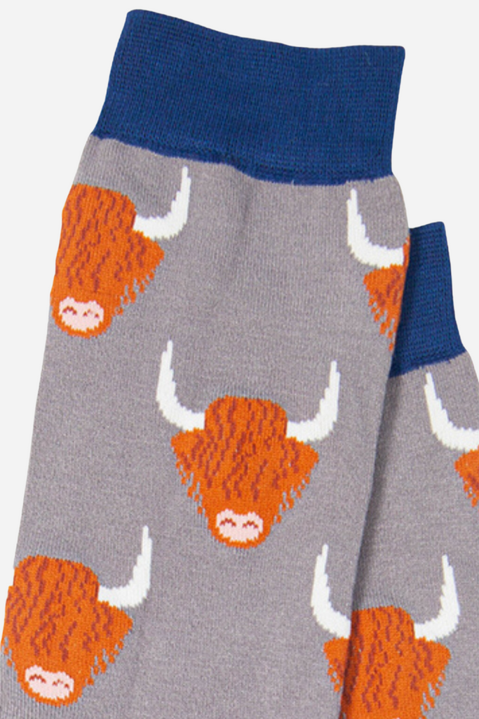 close up of the highland cow pattern on the bamboo socks