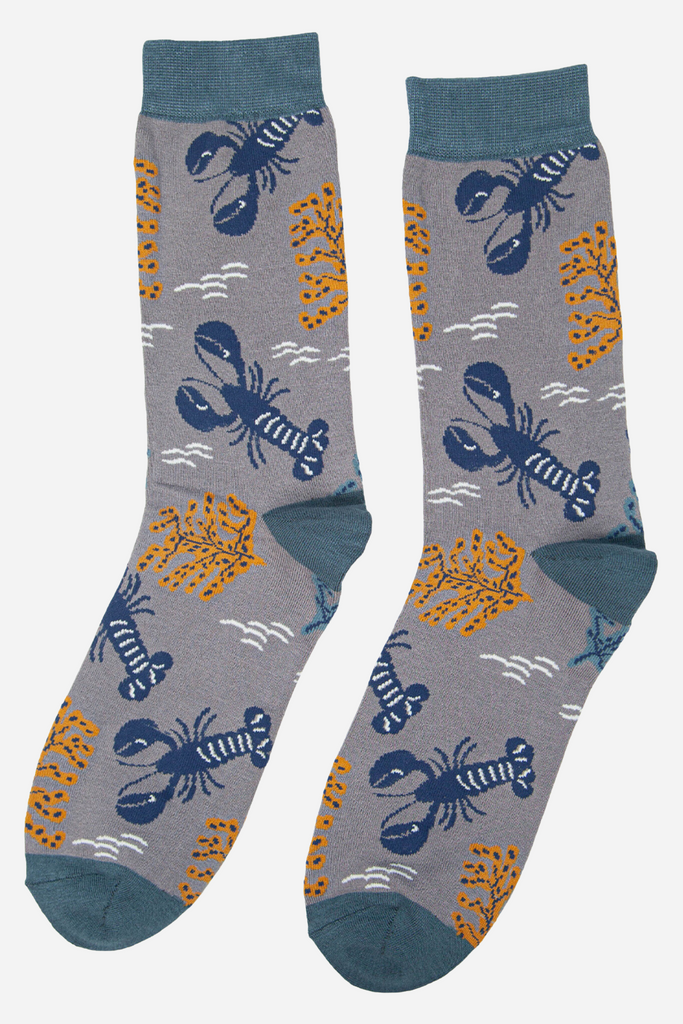 blue lobsters and yellow seaweed pattern on grey bamboo socks