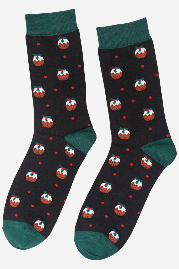 mens black and green christmas pudding socks