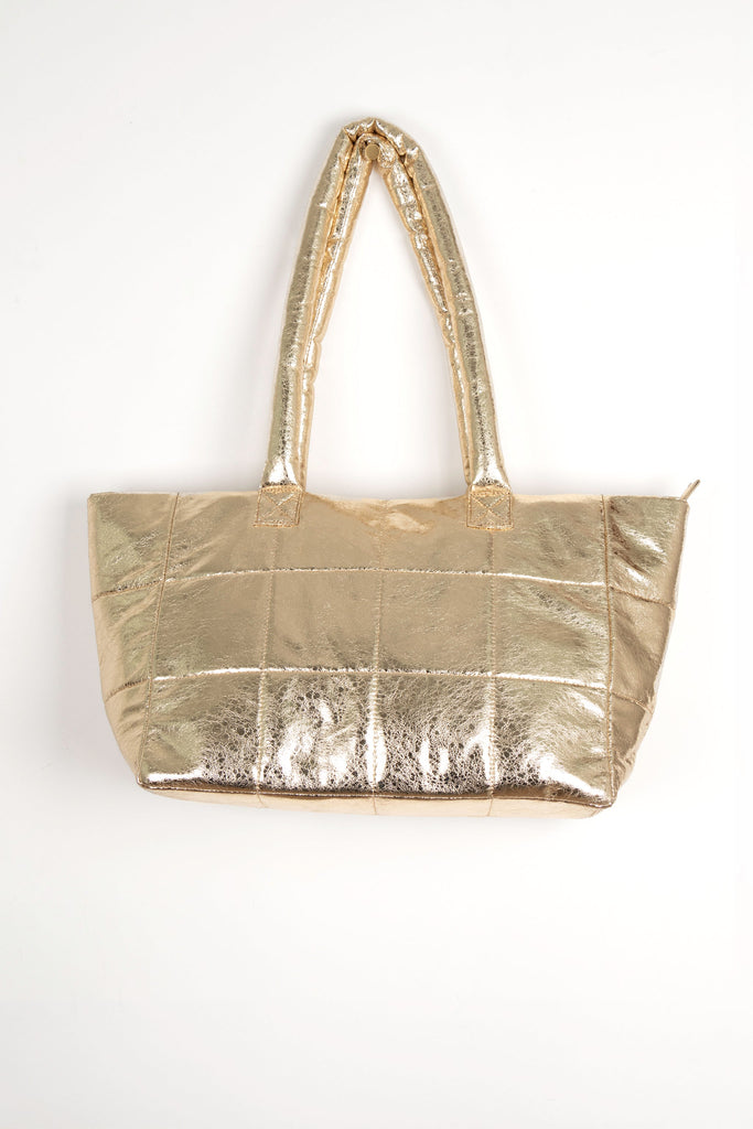 gold metallic faux leather quilted tote bag with long shoulder straps