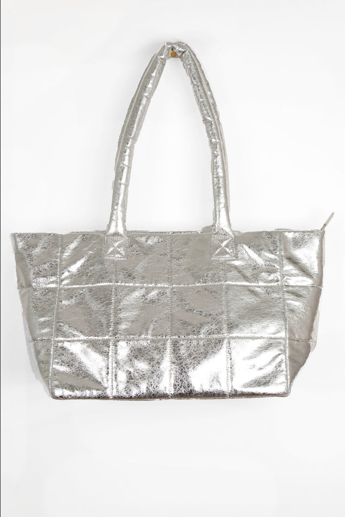 silver metallic faux leather quilted tote bag with long shoulder straps