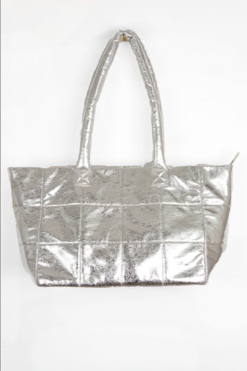 silver metallic faux leather quilted tote bag with long shoulder straps