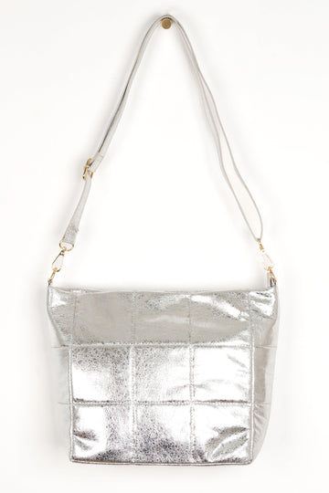 silver cracked faux leather mid size crossbody bag with detachable bag strap and gold hardware