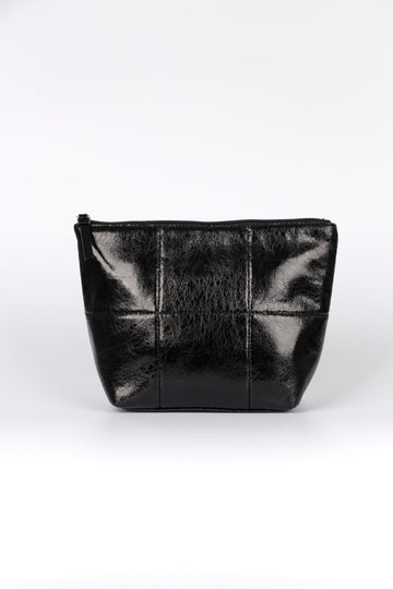 metallic cracked faux leather black quilted vanity bag with top zip closure