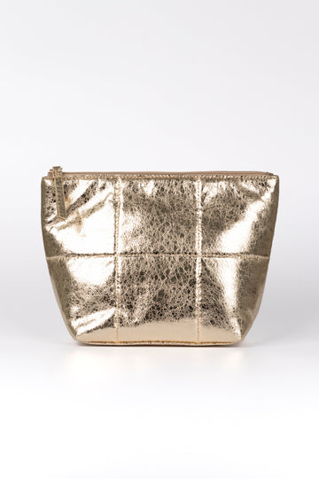 metallic cracked faux leather gold quilted vanity bag with top zip closure