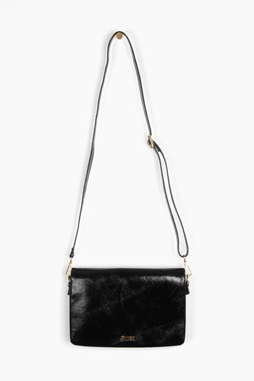 black metallic cracked faux leather crossbody bag with detachable bag strap