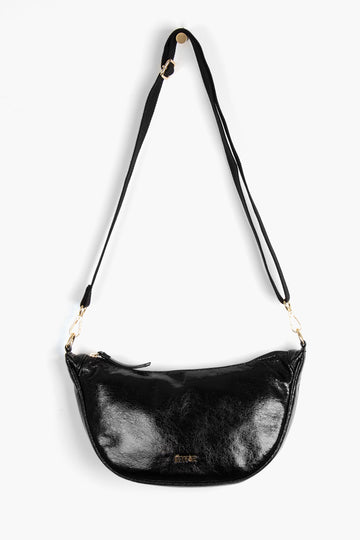 faux cracked leather metallic black half moon crossbody bag with a black canvas detachable strap