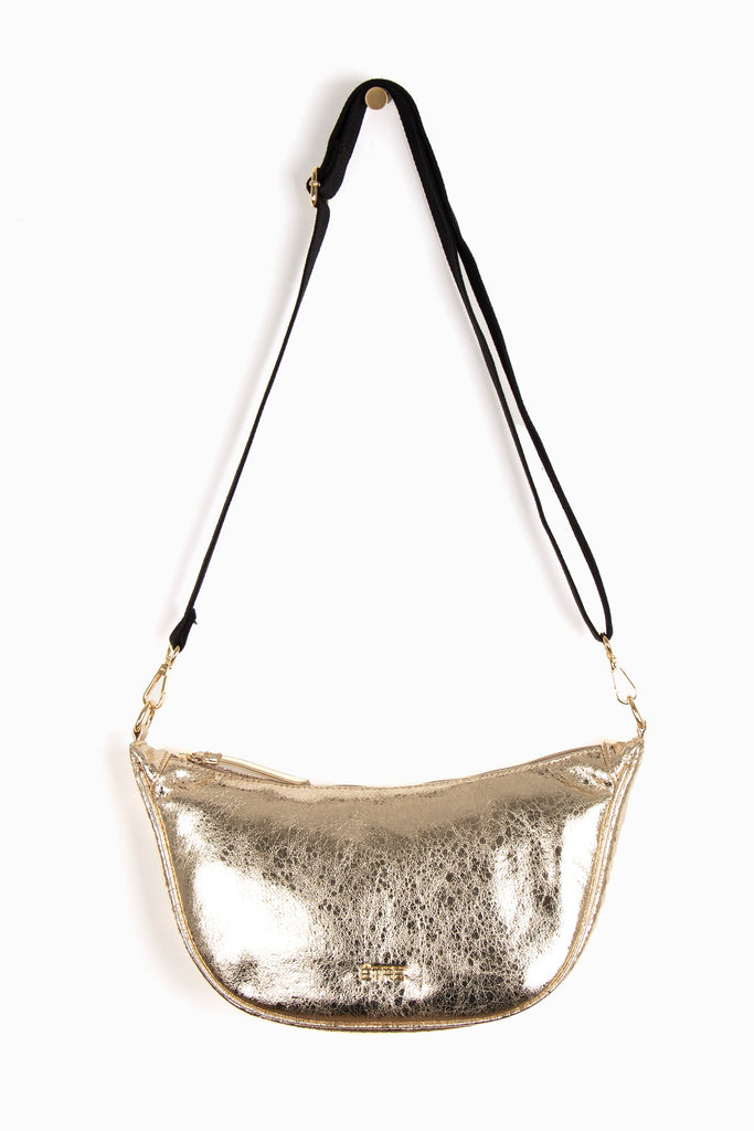 faux cracked leather metallic gold half moon crossbody bag with a black canvas detachable strap