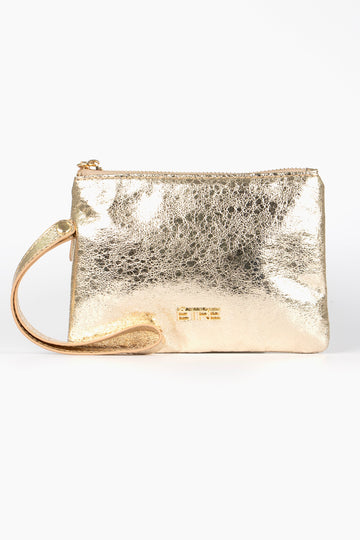 metallic gold cracked faux leather wristlet purse with zip closure